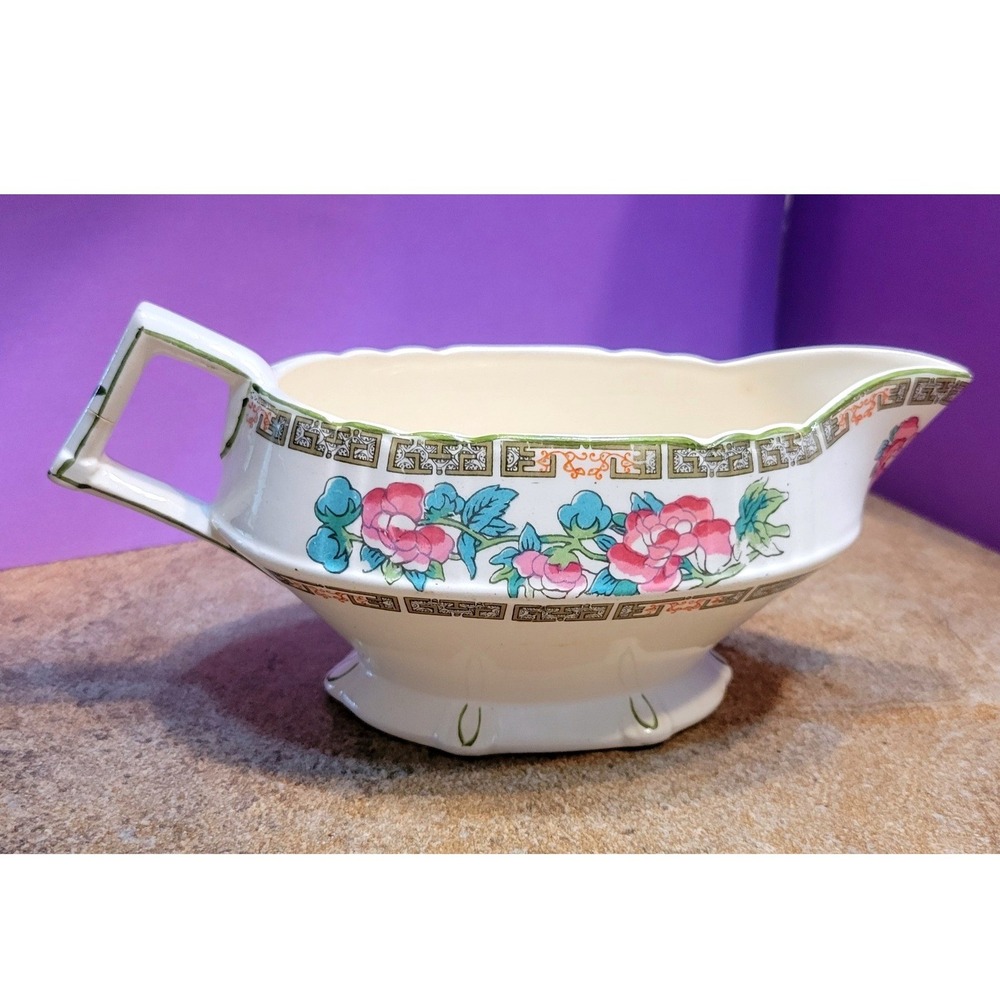 Vintage Myott Staffordshire England Gravy Boat Pink Floral Greek Key Chinoiserie